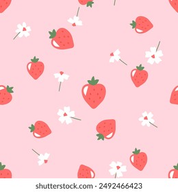 Seamless pattern of strawberry with cute flower on pink background vector. Cute fruit print.