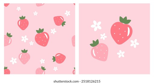 Seamless pattern with strawberry and cute flower on pink background. Strawberry and white flower icon set vector.