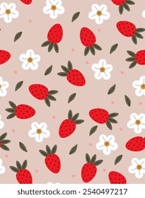 Seamless pattern with  strawberry and cute flower on pink  vector. Cute fruit prints.
