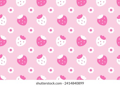Patrón sin foco con fresa. Patrón lindo con fresa para el día de San Valentín. Patrón infantil con flores. Cartel, afiche, tapiz, textil. Ilustración vectorial en estilo plano