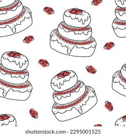 Nahtloses Muster mit Erdbeerdessert. Doodle, handgezeichnet, Erdbeertorte mit Sahne und Beeren auf weißem Hintergrund