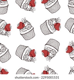Seamless pattern with strawberry dessert. Doodle hand drawn strawberry cupcake with cream and berries in a seamless pattern on a white background