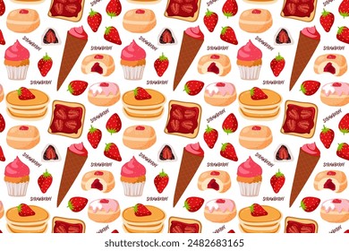 Seamless pattern with Strawberry desserts. Flat hand drawn print. Vector Organic Food template for wallpaper, textile, cover design, scrapbooking. Delicious strawberry-flavoured sweets and desserts.