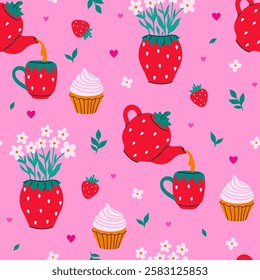 Seamless pattern with strawberry dishes, flowers and cupcakes. Vector graphics.