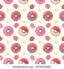Seamless pattern with strawberry and donut in cartoon style. Vector background. Perfect for clothing design, home textiles, fabric print, scrapbook elements, birthday card and wrapping paper.
