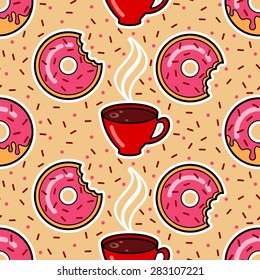 Seamless pattern with strawberry donuts and cup of coffee