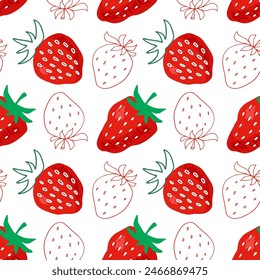 Seamless pattern with Strawberry. Doodle print with Red Berry background. Vector berries organic food for dessert menu, invitation, wallpaper, textile, wrapping, packaging. Summer tropical element.