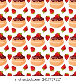 Seamless pattern with strawberry doughnut. Kitchen poster for bakery, shop, culinary class. Hand drawn vector illustration in flat style. Repeated background for wallpaper, textile, wrapping paper