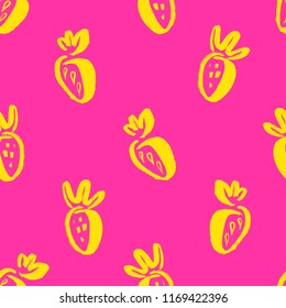 Seamless pattern with strawberry drawn by brush. Hand drawn vector illustration. Simple food background.