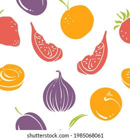 Patrón sin foco con fresa, higo, ciruela, mandarina, albaricoque. Colorido papel cortado colección de frutas y bayas aisladas en fondo blanco. Doodle dibujó frutas a mano. Ilustración del vector
