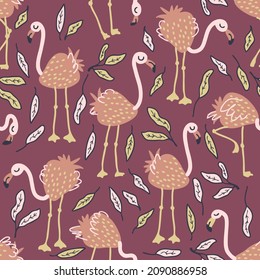 Seamless pattern with strawberry flamingo and tropical leaves. Perfect for T-shirt, textile and print. Hand drawn vector illustration for decor and design.

