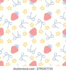 seamless pattern with strawberry flower and bow design for fabric, cotton, wallpaper, satin all types of print textile and background	