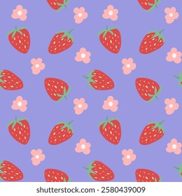 Seamless pattern with strawberry and flower. Cute background, summer berry. Vector design