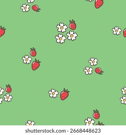Padrão sem costura com design de morango e flor no fundo verde. Ilustração de vetor desenhada à mão. Não gerado IA.