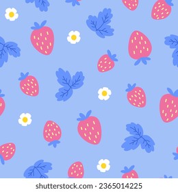 Seamless pattern with strawberry, flower and leaves. Vector illustration. Hand drawn texture for print, textile, fabric.