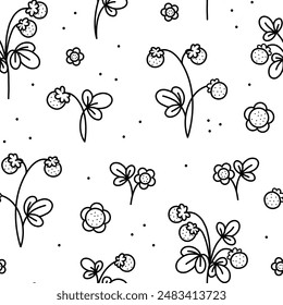 Seamless pattern with strawberry, flower and leaves. Vector illustration. Hand drawn texture for print, textile, fabric. Line art.