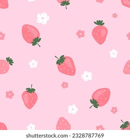 Seamless pattern with strawberry and flower on pink background vector illustration. Cute fruit print.