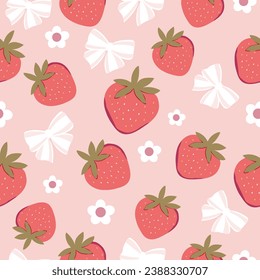 seamless pattern of strawberry , flower and  white bow on pastel pink background , vector , illustration