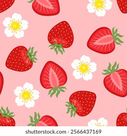 Seamless pattern with strawberry and flowers.  Background with sweet red berry. Vector cartoon flat illustration.