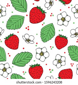 Seamless pattern with strawberry, flowers and leaves