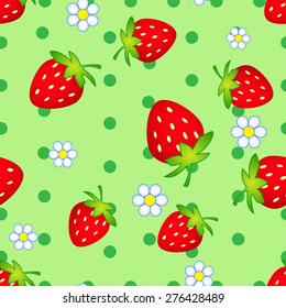 seamless pattern with strawberry and flowers on a dotted backgrownd