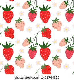 Seamless pattern with Strawberry and flowers. Trendy hand drawn textures. Modern abstract design for paper, cover, fabric, interior decor and other use
