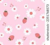 Seamless pattern with strawberry fruit, berry branch and daisy flower on pink background vector illustration. 