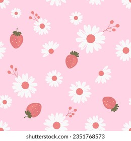 Seamless pattern with strawberry fruit, berry branch and daisy flower on pink background vector illustration. 