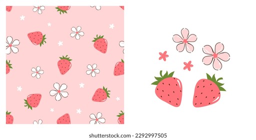 Seamless pattern of strawberry fruit with green, leaves and flower  on pink background. Strawberries icon and pink flower isolated on white background vector illustration.