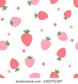 Seamless pattern with strawberry fruit with green leaves and cute flower on white background vector illustration.