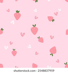 Seamless pattern of strawberry fruit with green leaves and hand drawn hearts on pink background vector. Cute fruit print. 