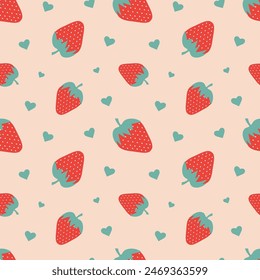 Seamless pattern of strawberry fruits and hearts, abstract repeating background, vector illustration.