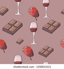 seamless pattern with strawberry, glass of wine, chocolate for decor