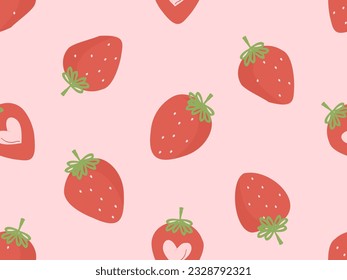Seamless pattern of strawberry with green leaves on pink background vector illustration. Cute fruit print.