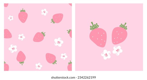 Patrón sin foco de fresa con hojas verdes y flor tierna sobre el fondo rosa de la ilustración vectorial. Huella de fruta.