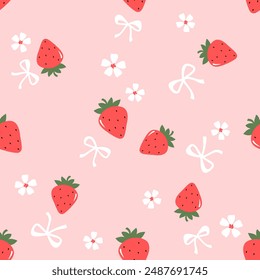 Seamless pattern of strawberry with green leaves, flower and ribbon bow on pink background vector.