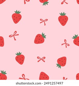 Seamless pattern of strawberry with green leaves and ribbon bow on pink background vector.