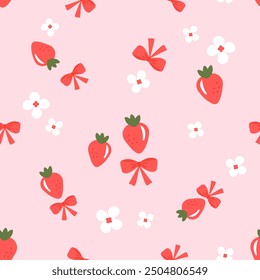 Seamless pattern of strawberry with green leaves, ribbon bow and white flower on pink background vector. Cute fruit print.