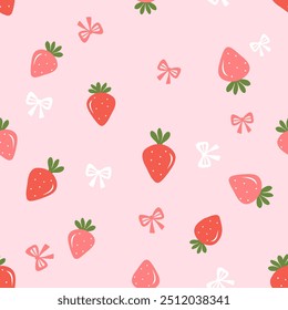 Seamless pattern of strawberry with green leaves and ribbon bow on pink background vector.