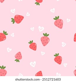 Padrão contínuo de morango com folhas verdes e corações desenhados à mão no vetor de fundo rosa. Estampa de fruta bonita.