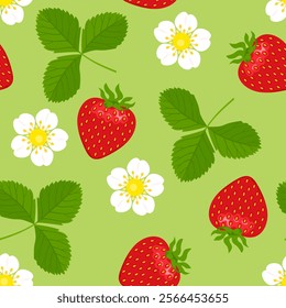 Seamless pattern with strawberry, green leaves and flowers.  Background with sweet red berry. Vector cartoon flat illustration.