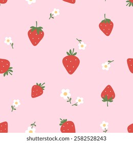 Seamless pattern of strawberry with green leaves and cute flower on pink background vector.