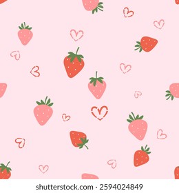 Seamless pattern of strawberry with green leaves and cute hearts on pink background vector. Cute fruit print.