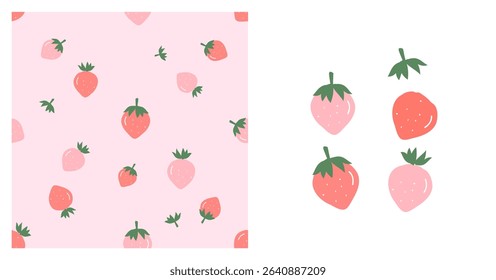 Seamless pattern of strawberry with green leaves on pink background. Strawberry icon set and green leaves isolated on white background vector.