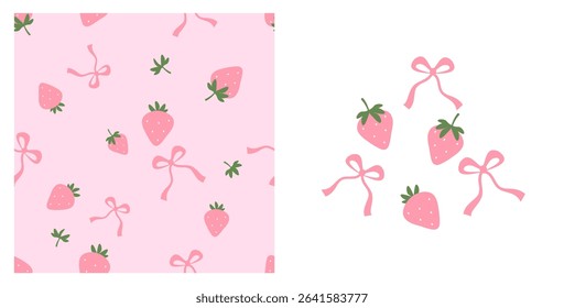 Seamless pattern of strawberry with green leaves and ribbon bows on pink background. Set of strawberry and pink ribbon bows icon signs isolated on white background vector.