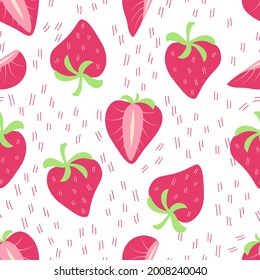 Seamless pattern Strawberry with half berry, stripes. Pink color. Vector background. Clothes print. Sweet fruits. Kids backdrop