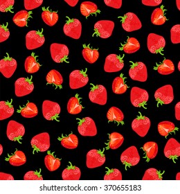 Seamless pattern with strawberry and strawberry halveson black background