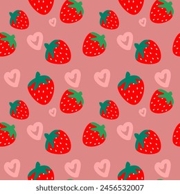 Seamless pattern with strawberry and heart on pink backgrounds vector illustration. Cute fruit print.