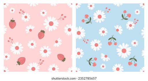 Seamless pattern with strawberry, heart shape cherry, branch and white flower on pink and blue backgrounds vector illustration. Cute fruit print.