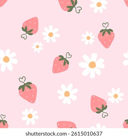 Seamless pattern of strawberry with heart shape branches and white flower on pink background vector.